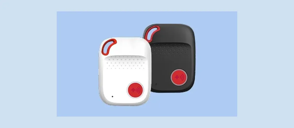 Bay Alarm Medical SOS All-in-One device in white and black, each with a red help button
