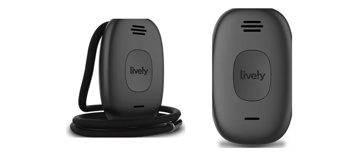Lively Mobile2 GPS help button shown on its neck lanyard and from the front
