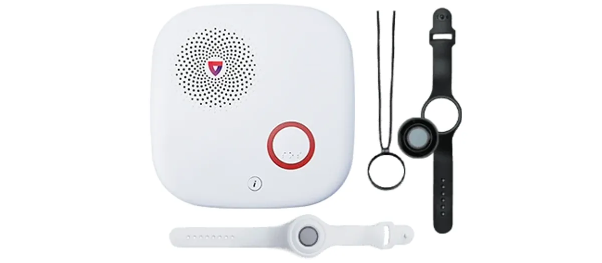 Medical Guardian MGHome Cellular base station with neck pendant and two wrist help buttons