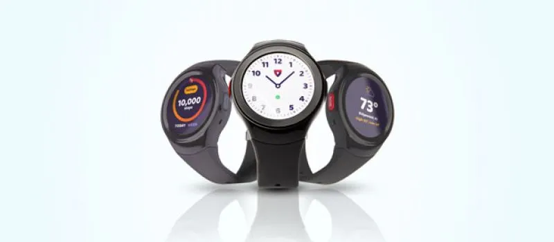 Medical Guardian MGMove smartwatch shown in three finishes displaying step-count, clock, and weather screens