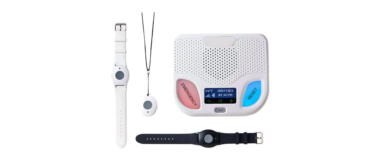 MobileHelp Classic base station shown with a neck pendant help button and two wrist buttons